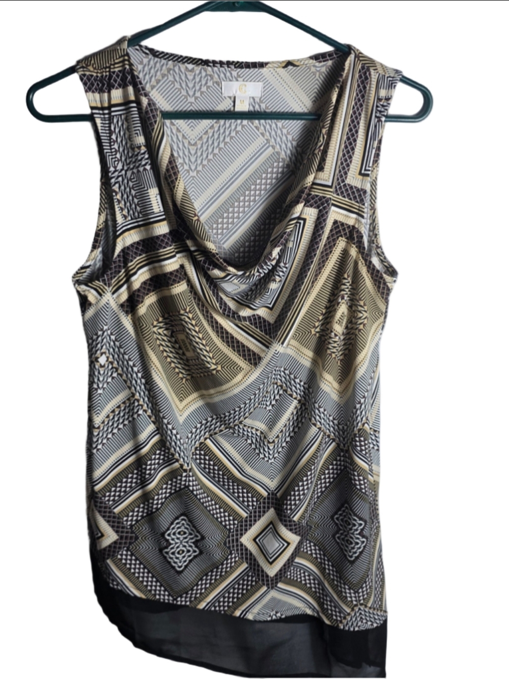 Women's Unbranded Geometric Print Cowl Neck Tank Top Beige Black M boho-chic